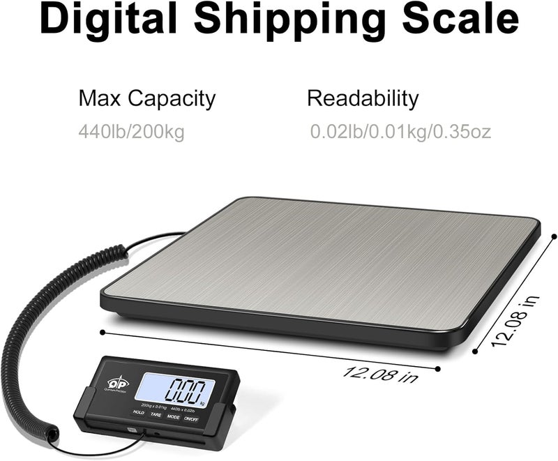 QP Shipping Scale, 440 lb/0.35 oz High Accuracy Digital Postal Scale, Postage Scale, Hold/Tare Function, Auto Off LCD Display, Lightweight Scale for Packages/Luggage/Pet, Battery & AC Adapter Included - Image 2